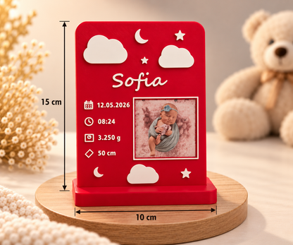 Ramă 3D roșie Sofia cu datele nașterii, magnet foto personalizat și suport