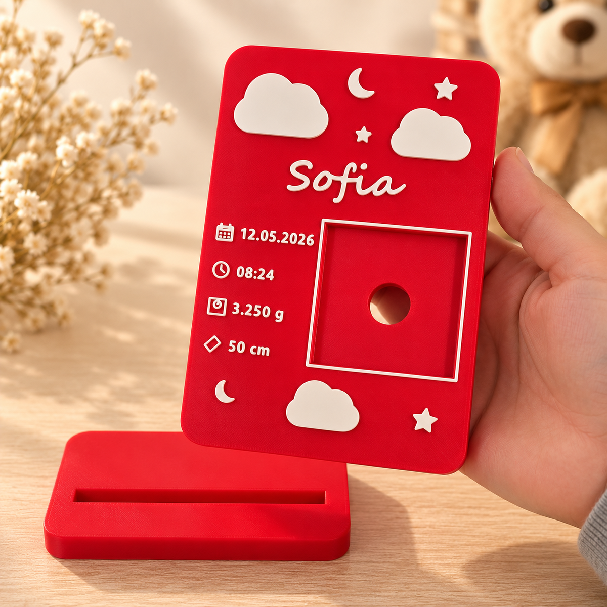 Tăbliță 3D roșie personalizată pentru bebeluși, cu suport separat